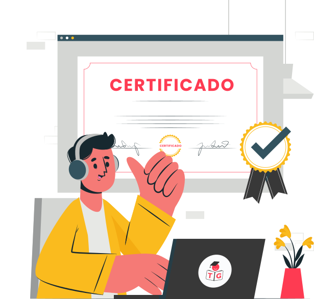 Ilustração de uma pessoa ao computador com um certificado ao fundo